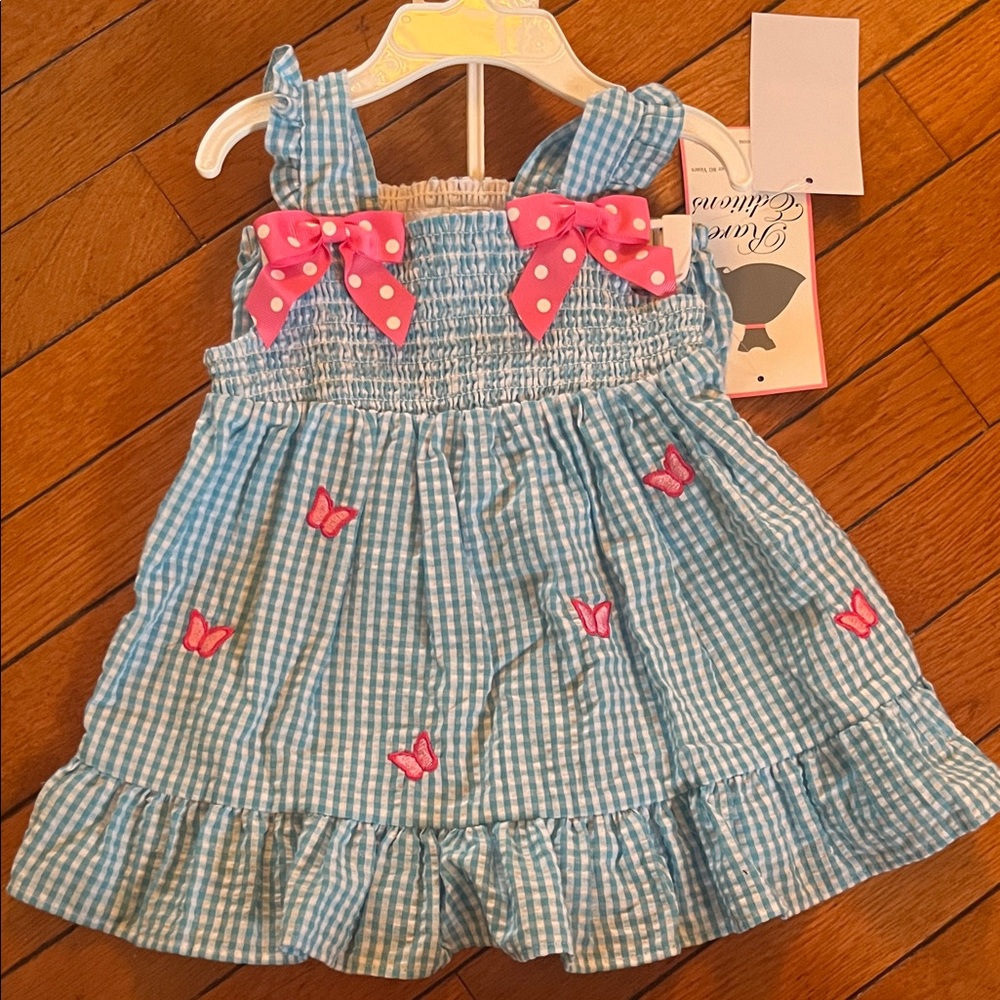 NWT Rare Editions Baby Girls’ Blue Gingham Butterfly Sundress with Pink Bows